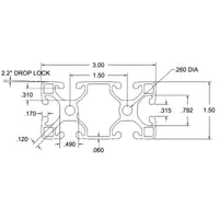 1.5" x 3.0" Lite Smooth T-Slotted Aluminum Extrusion