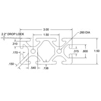 1.5" x 3.0" Smooth T-Slotted Aluminum Extrusion